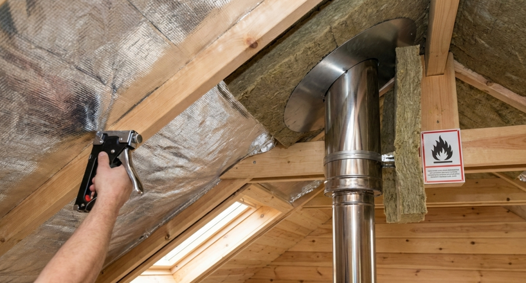 roof for a bathhouse (bath) features of vapor barrier and fire safety of the chimney