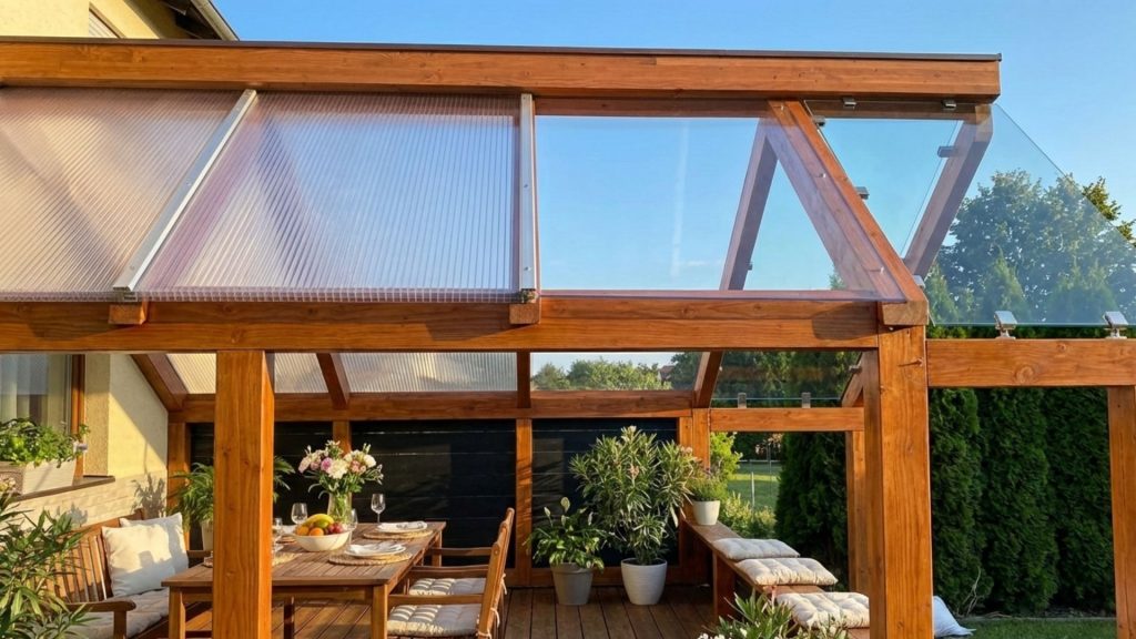 transparent roof for a terrace cellular polycarbonate, monolith or tempered glass